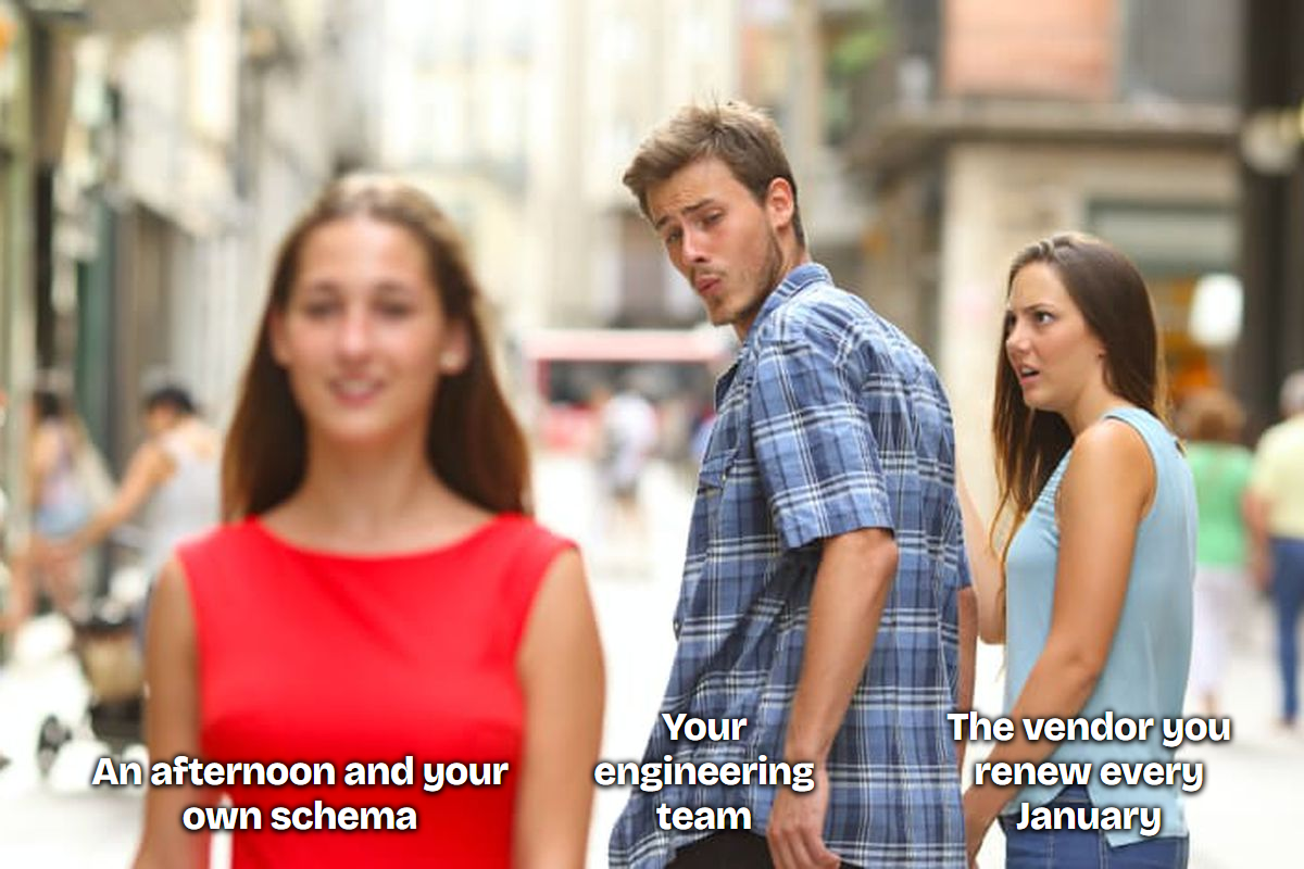 Distracted boyfriend meme. Your engineering team turns away from the vendor you renew every January to look at an afternoon and your own schema.